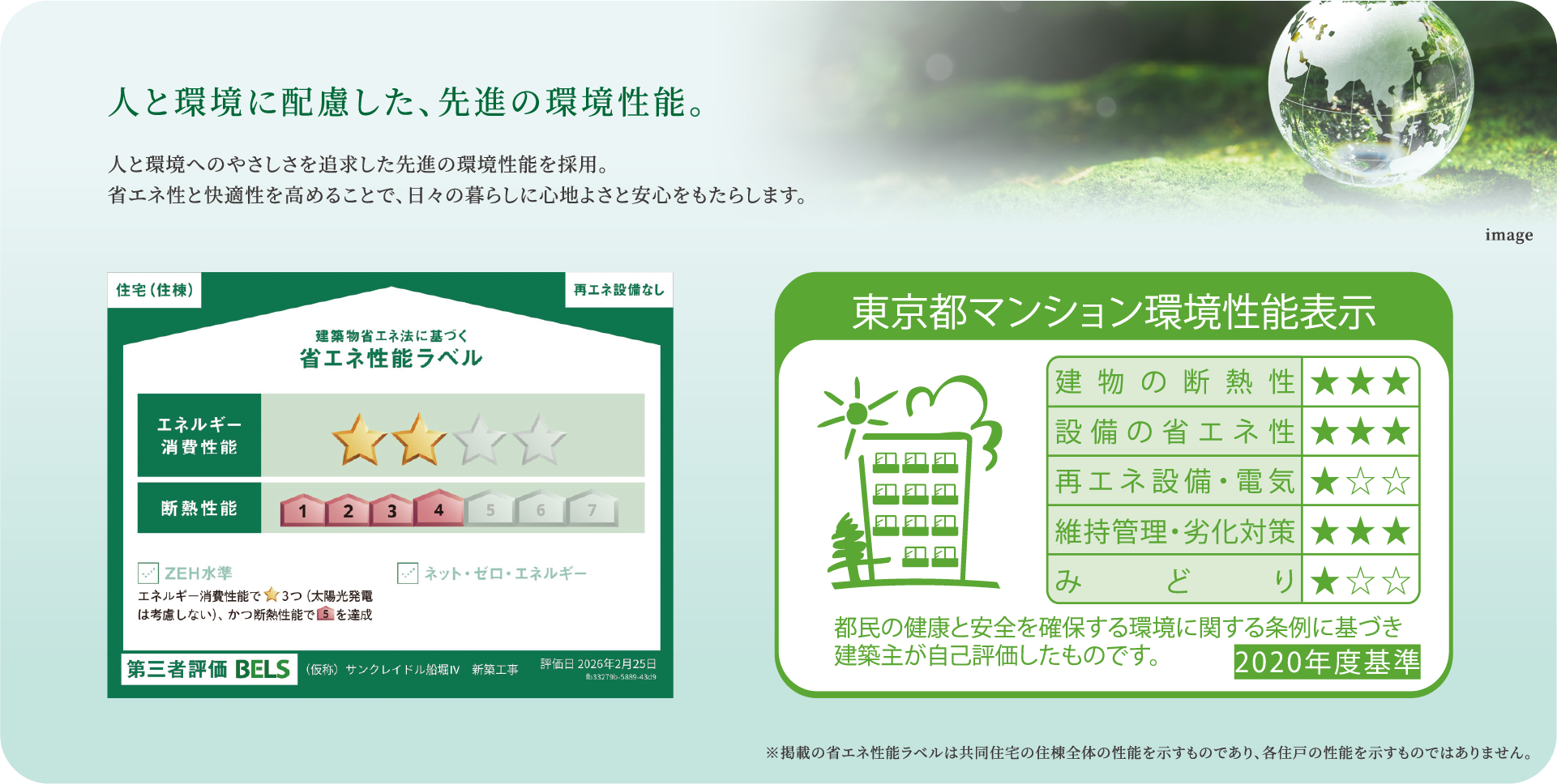 人と環境に配慮した、先進の環境性能。 省エネ性能ラベル・東京都マンション環境性能表示
